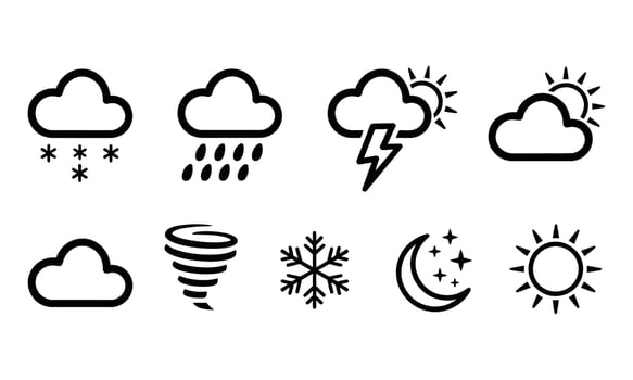 Weather Icon Set with Transparent Background, Snow, Rain, Lightning, Sun and Moon vector