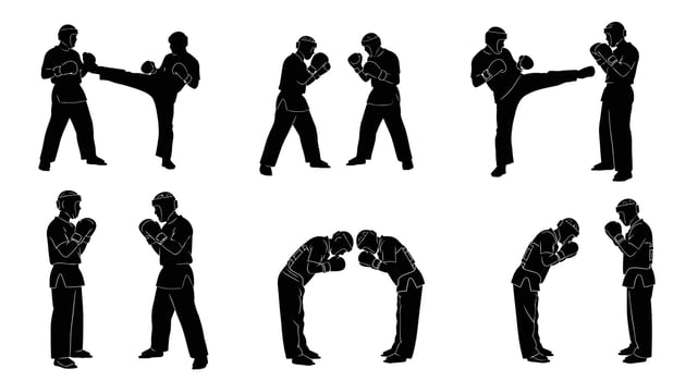 Martial Arts Silhouettes Fight Training. vector