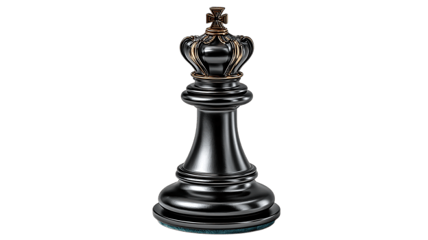 Elegant black chess king piece with ornate crown and gold accents isolated on transparent background png