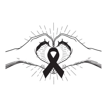 Hands forming a heart shape around a black ribbon with radiating lines vector