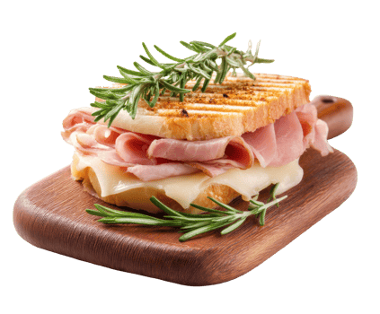 Ham and cheese sandwich with rosemary on wooden board png
