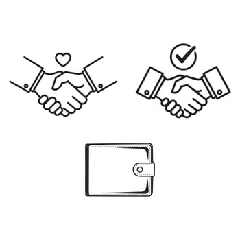 Business handshake agreement with heart and approved checkmark icons vector