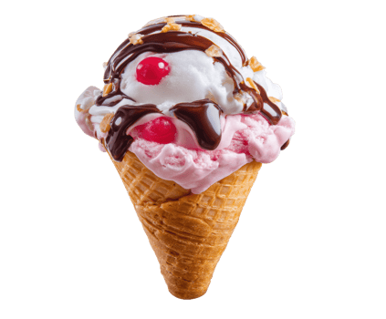 Delicious ice cream cone with cherries and chocolate sauce png