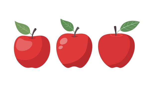 Three bright red cartoon apples with green leaves and brown stems, isolated on white background vector