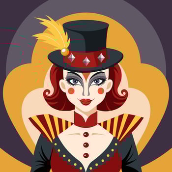 Stylish circus performer in a top hat with a feather. Clown girl. Portrait in circus style. Illustration. vector