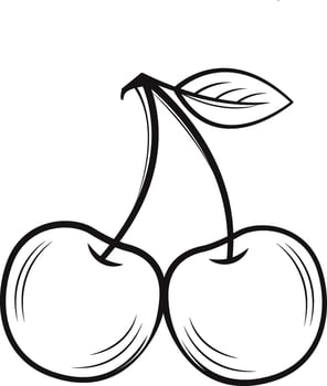 Two Cherries with Stem and Leaf in Line Art Style vector