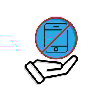 Mindfulness icon. no phone zone in hand. handphone in crossed circle. mental health, calmness, exercise. Mixed design style vector