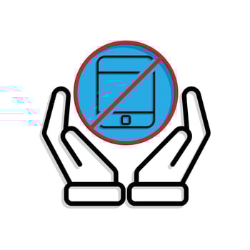 Mindfulness icon. no phone zone in two hand. handphone in crossed circle. mental health, calmness, exercise. Mixed design style vector