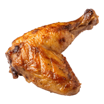 Crispy golden brown roasted chicken leg and thigh isolated on transparent background png