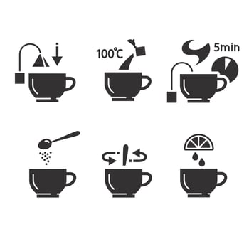 process cooking hot drink, tea preparation instruction icon set, making cup with kettle for pour water, time brew tea, flat illustration vector