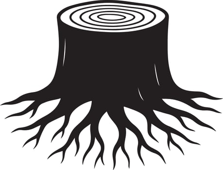 Dark, Silhouetted Tree Stump with Exposed Roots, Isolated on White Background, Evoking a Mysterious and Slightly Ominous Mood. vector
