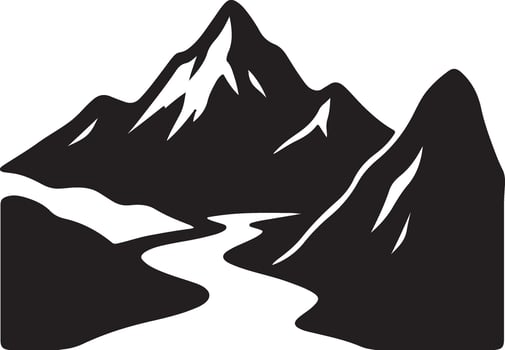 Serene Black and White Illustration of Majestic Mountains and a Winding River, Evoking a Sense of Tranquility and Adventure vector