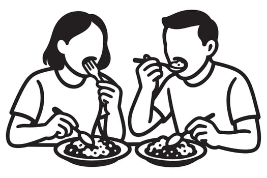 A black and white illustration of two people eating food vector