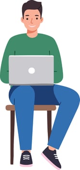 Young man using laptop sitting on chair casual green sweater and blue jeans illustration vector