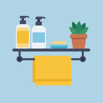 Bathroom shelf with yellow towel liquid soap and potted plant minimal flat design vector