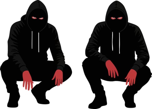 Two crouching figures in black hoodies with red hands and glowing eyes mysterious dark characters illustration vector