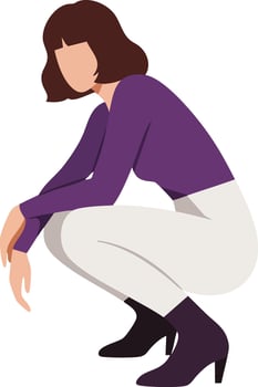 Woman squatting in purple top and white pants with brown hair illustration vector