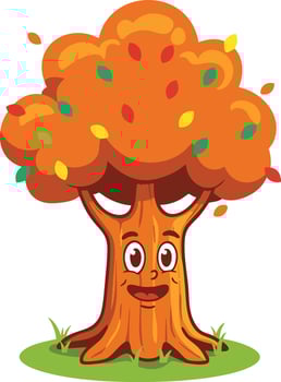 Cartoon autumn tree with orange leaves and happy face illustration for kids nature design and seasonal fall concept vector