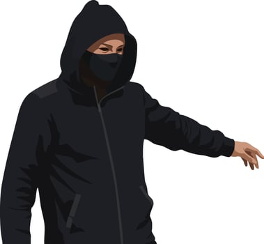 Man in black hoodie and face mask wearing casual streetwear fashion with hood up for urban style illustration vector