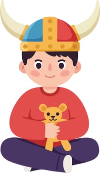 Boy wearing colorful viking helmet holding teddy bear sitting cross-legged happy illustration vector