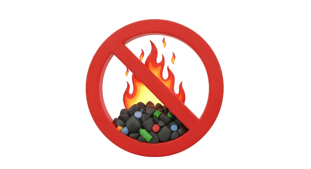 No burning waste sign with fire and trash. Forbidden to incinerate garbage symbol. Environmental protection concept on a transparent background. png