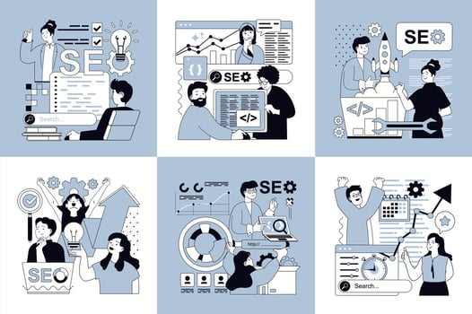 Seo optimization concept of social media banners set for web design. People research website traffic data, finding query in browser, selecting keywords, optimizes site metrics. illustrations. vector