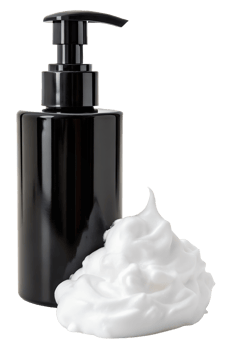 Foam soap with black pump dispenser isolated on transparent background, hygiene product, cleansing lather, bathroom essential png