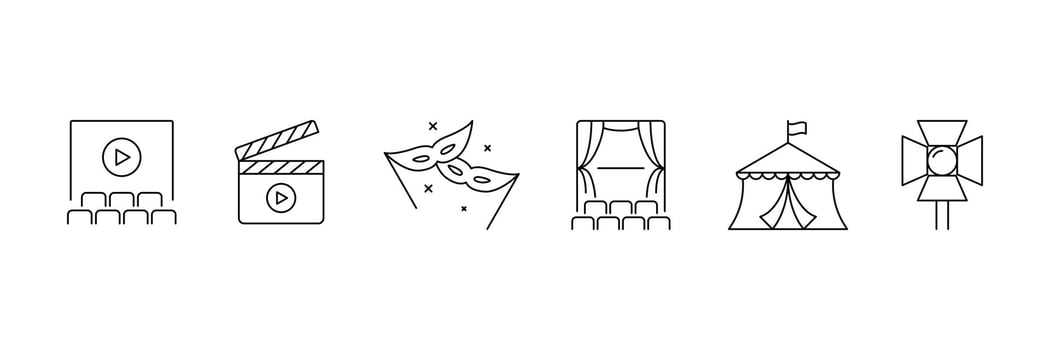 Set of Entertainment lined icon collection. Theater, cinema, , dance, game, music arts symbol. vector