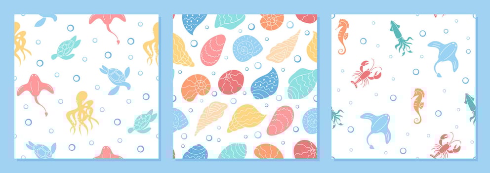 Underwater seamless pattern set in a marine cartoon graphic style. Featuring aquatic creatures like turtle, seashell, seahorse, crab, and shrimp. Vibrant marine life elements enhance summery vector