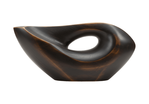 Abstract dark wood sculpture with organic shape and hole isolated on transparent background png