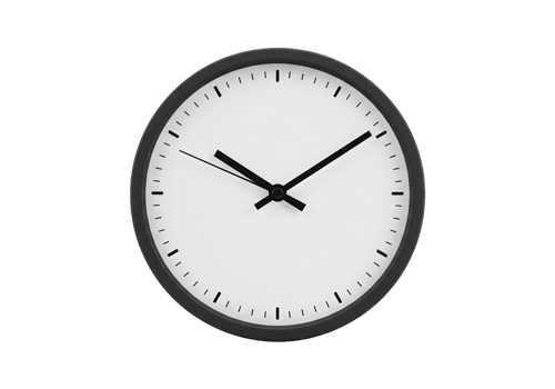 Minimalist round clock face with black hands and hour markers isolated on transparent background png