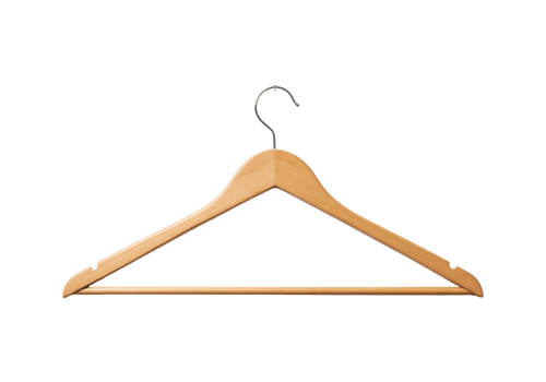 Natural wooden clothes hanger with silver metal hook isolated on transparent background png