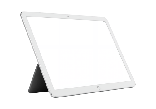 Modern white tablet device with a dark stand isolated on transparent background png