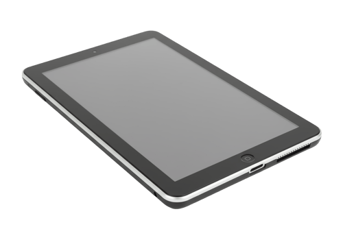 Modern black tablet device with a grey screen isolated on transparent background png