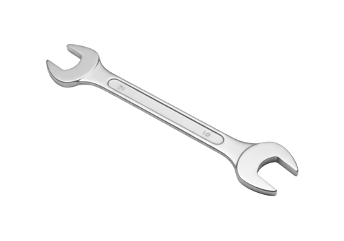 A shiny metal combination wrench with size markings isolated on transparent background png