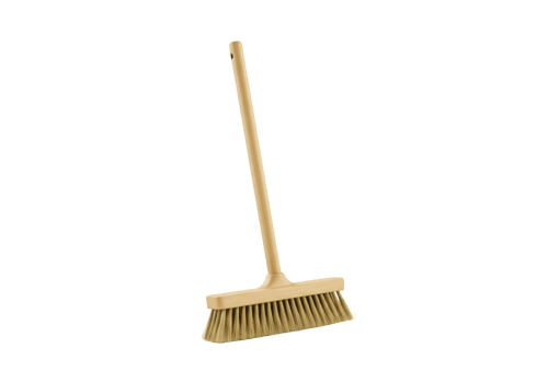 A simple wooden handled broom with tan bristles isolated on transparent background png