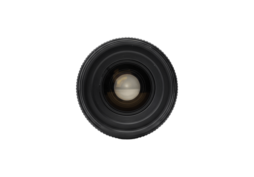 Close up of a camera lens front element and focusing ring isolated on transparent background png