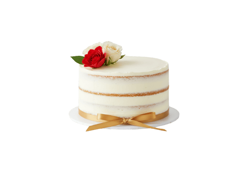 Elegant naked cake with red and white roses and gold ribbon isolated on transparent background png
