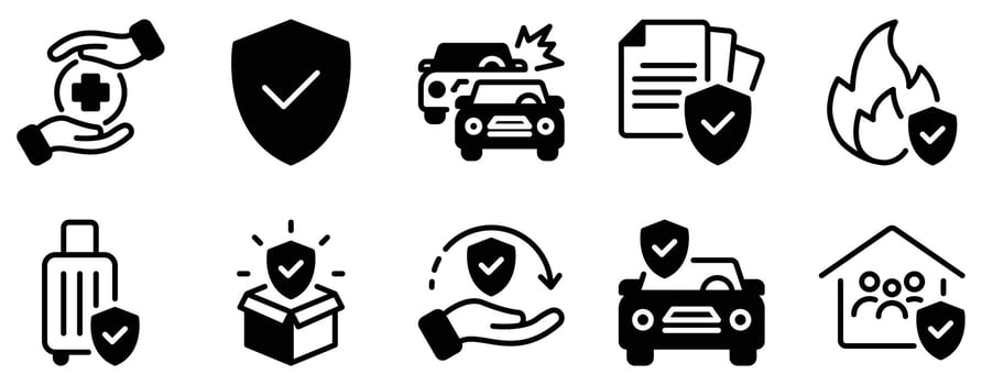 Insurance Icon Set Solid Style Collection representing protection coverage and risk management suitable for insurance services financial platforms and client support tools vector