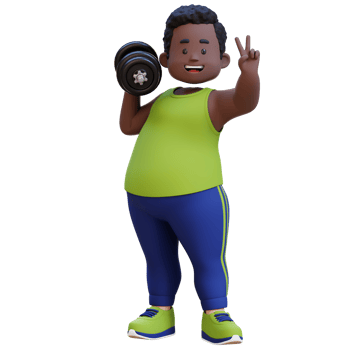 3D Plus Size Overweight obesse african man with Dumbbells giving peace sign png