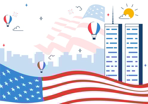 City skyline with hot air balloons and flags vector