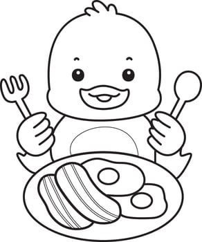 Outline of duck want to eating bacon and eggs. Coloring pages of Funny baby Duck animal series. vector