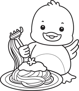 Outline of duck want to eating spaghetti. Coloring pages of Funny baby Duck animal series. vector