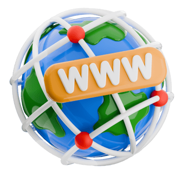 World Wide Web symbol on a globe, connected by lines, isolated. 3d render internet icon illustration. png