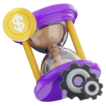Time management 3d illustration. business work hour icon. hourglass, gear, dollar. png