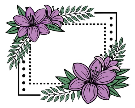 Beautiful floral frame illustration with purple flowers and green leaves perfect for invitation designs vector