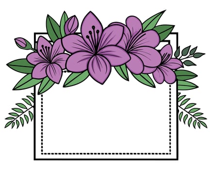 Elegant floral frame design with purple flowers and green leaves on a white background. vector