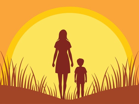 Silhouette of a mother and child walking in the sunset against a warm gradient background vector