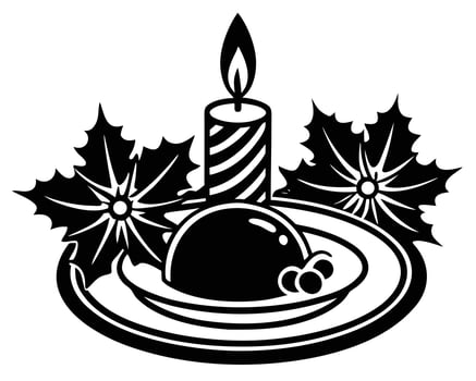 Elegant black and white christmas pudding candle and holly on a serving plate illustration vector