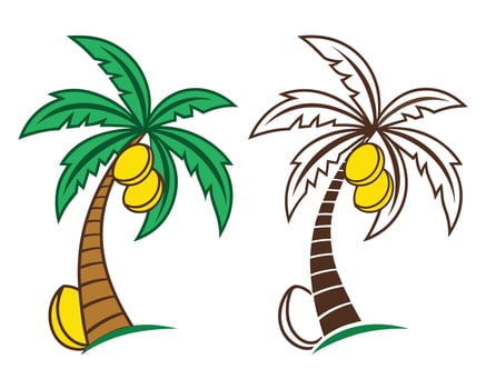 illustration of two stylized palm trees with coconuts in green and brown color schemes. vector
